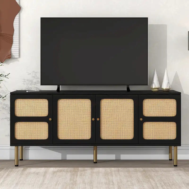 Bohemian Country Wood and Rattan TV Stand Media Console Storage Cabinet - Dimensions: 16.9" x 64.9" x 28.3" - image 3