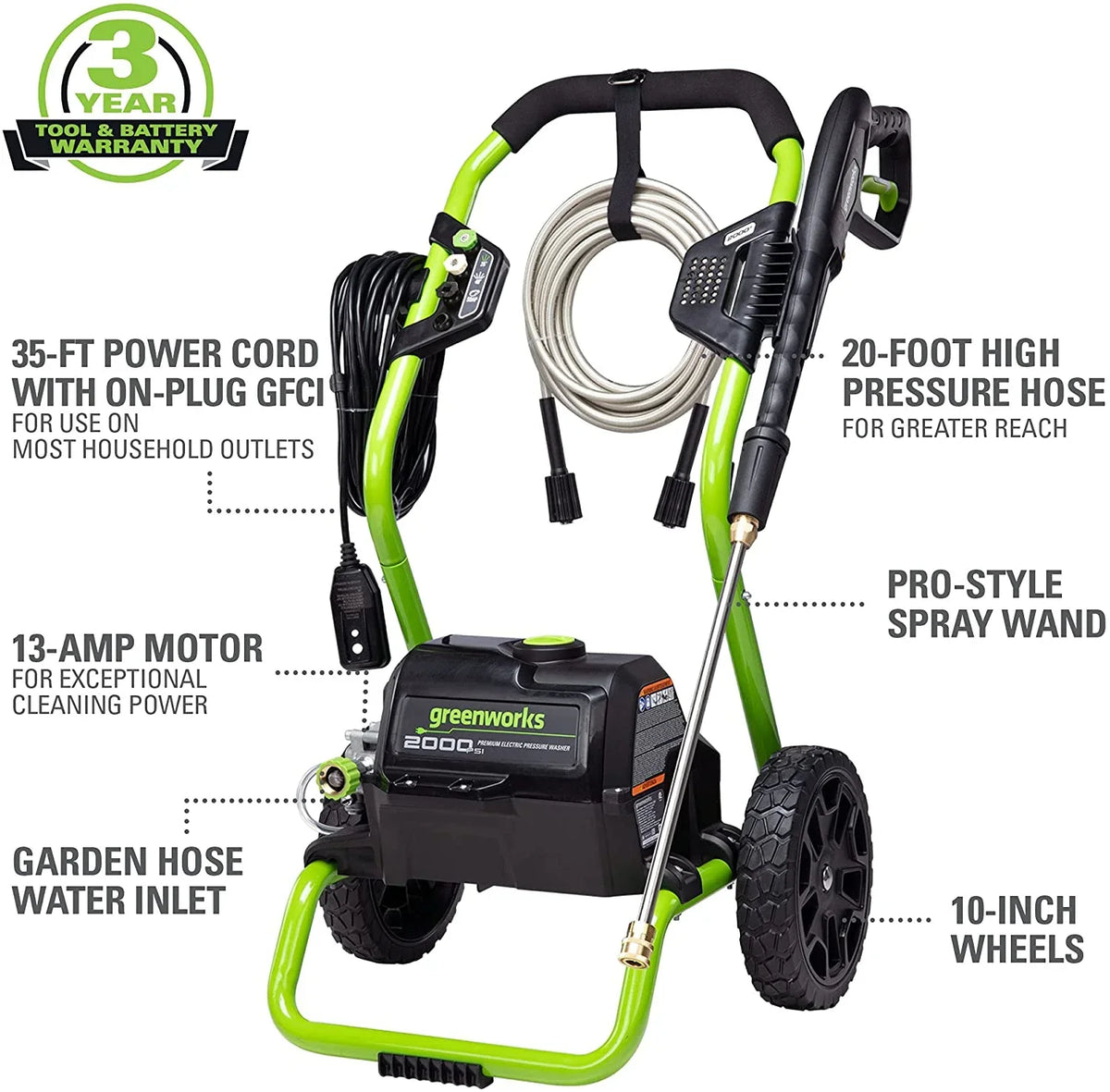 Greenworks 2000 PS at I 1.1 GPM Cold Water Electric Pressure Washer 5111802 - image 2