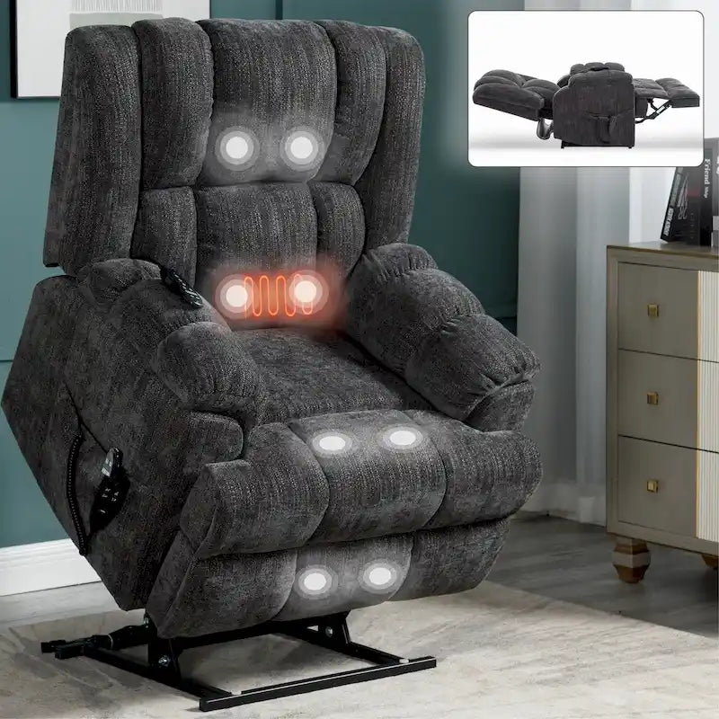 Grey Oversized Chenille Power Lift Recliner with Massage, Heating, and Flat Lay Feature - image 2
