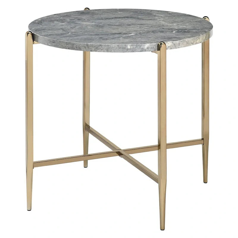 Gray and Gold End Table with Oval Marble Top and X-Shaped Base - image 1