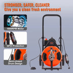 Drain Cleaner Machine 100FT x 1/2Inch, Auto Feed Sewer Snake Auger with 4 Cutter & Air-activated Foot Switch for 1" to 4" Pipes, Orange, Black - image 6
