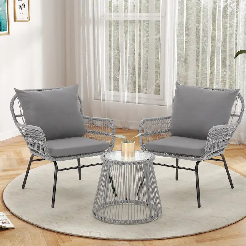 3-Piece Patio Conversation Bistro Set, Outdoor Rattan Furniture Set with Glass Table & 2 Wide Armchairs, Seat Cushions - image 32