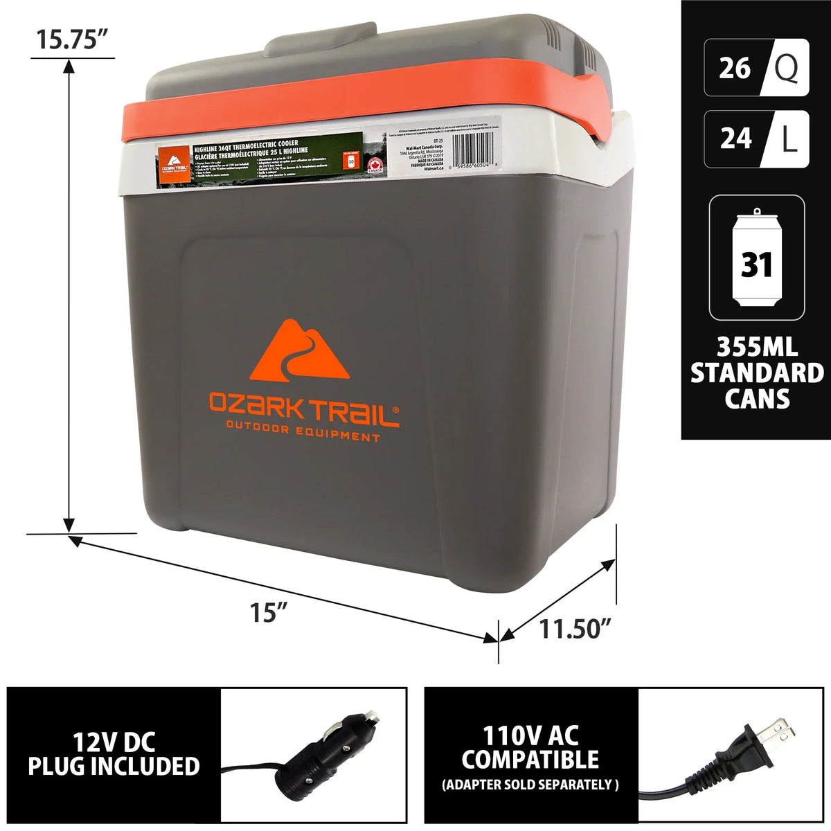 Ozark Trail 26QT electric Cooler 12V Portable Travel Beach Camping Picnic Insulated Cooler 30 Cans Iceless 24L, Grey - image 6