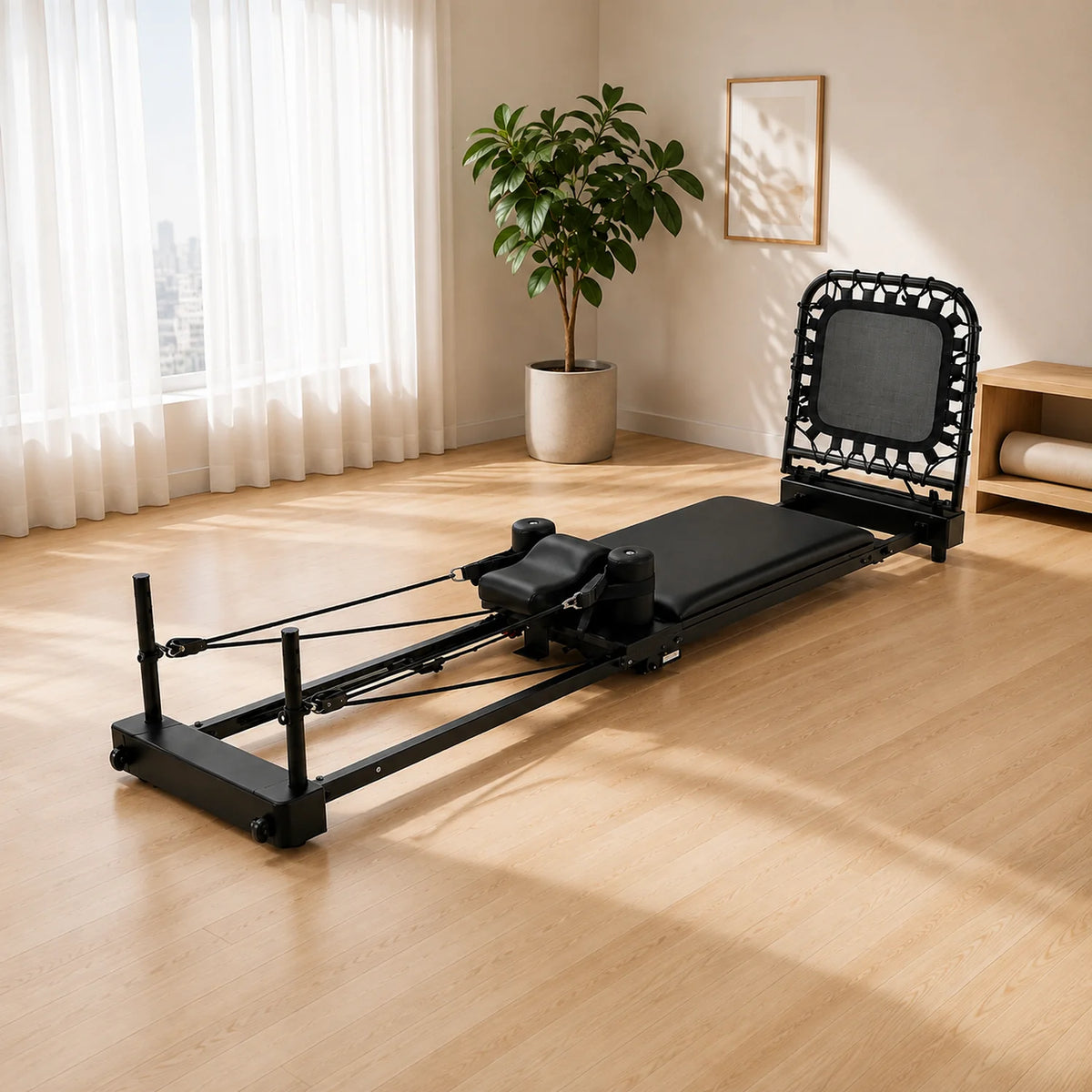 Folding Pilates Reformer Exercise Machine Black Steel Home Workout Equipment 86 x 21 x 26 in - image 3