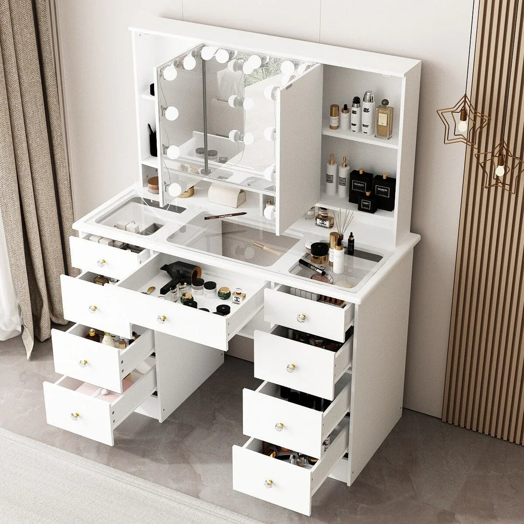 Makeup Vanity w/Tri-Fold Mirror Certified Lighting Glass Top Dresser - image 5