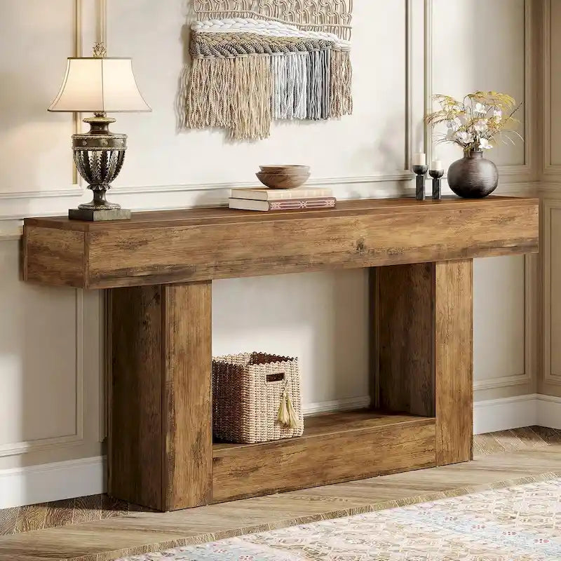 63-Inch Brown and Gray Slim Wooden Console Table for Entryway - image 7