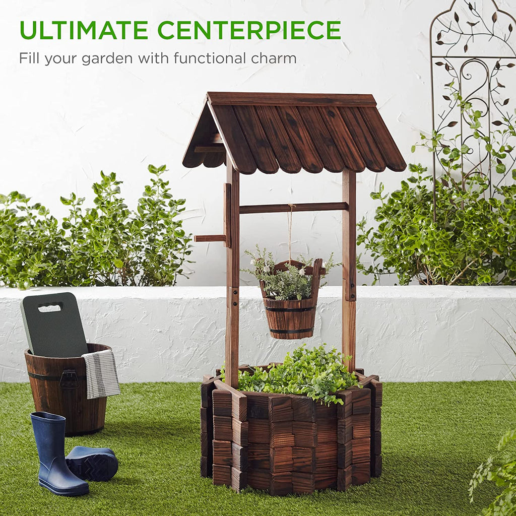 Best Choice Products Rustic Wooden Wishing Well Planter Outdoor Home Décor for Patio, Garden, Yard w/Hanging Bucket - image 2