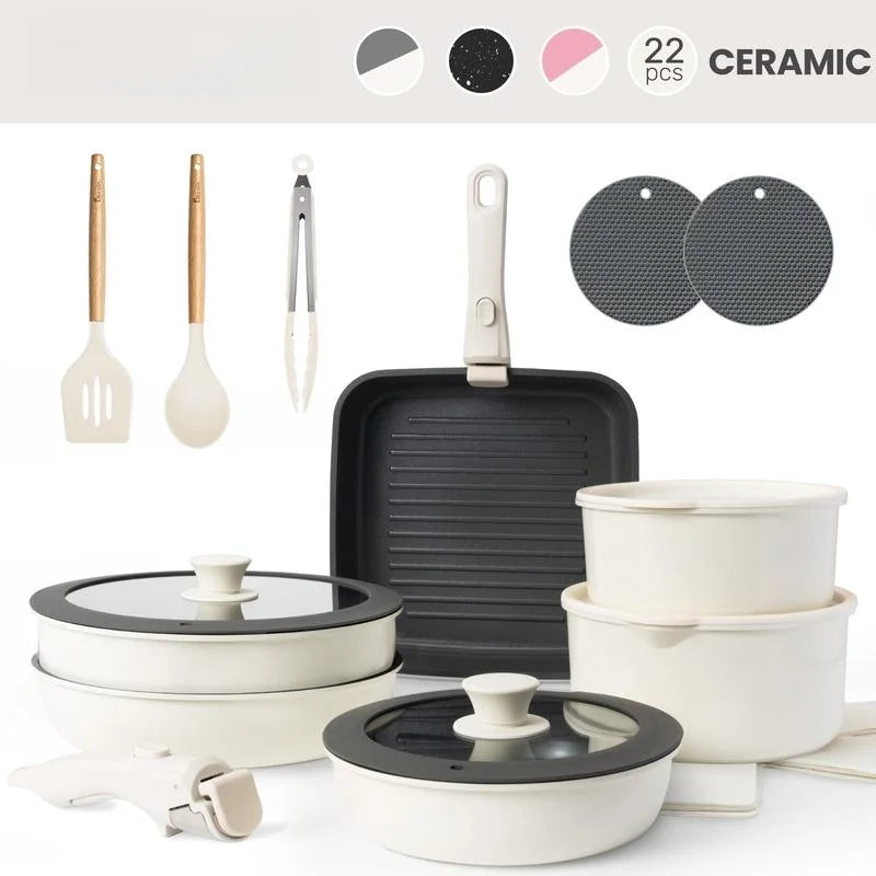 Non-Toxic Nonstick Ceramic 22 pcs pots and pans set complete Cookware Set with Lids,Detachable Handle,PFAS-Free,Dishwasher Oven Safe,Kitchen Outdoorfun Induction Compatible - image 4
