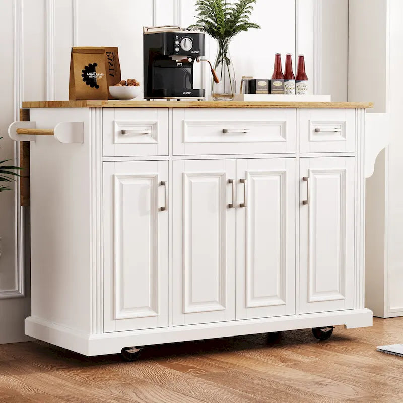 Large Kitchen Island with Wood Drop Leaf, Embossed Texture Rolling Kitchen Cart wDoors and Drawers wStorage for Kitchen, White - image 7
