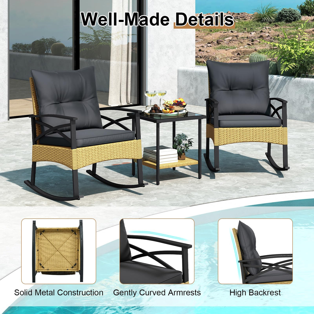 Tangkula 3 Pieces Outdoor Rocking Chairs Set for Garden - image 8