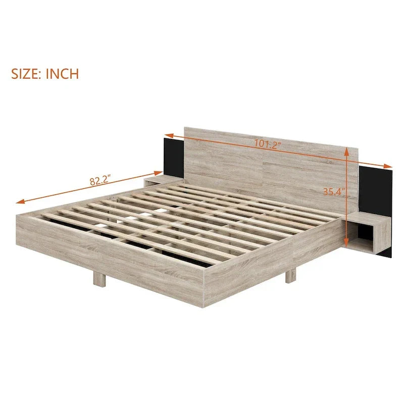 Modern King Size Wooden Floating Bed Frame with Nightstand and LED - Slatted Support Design - image 11