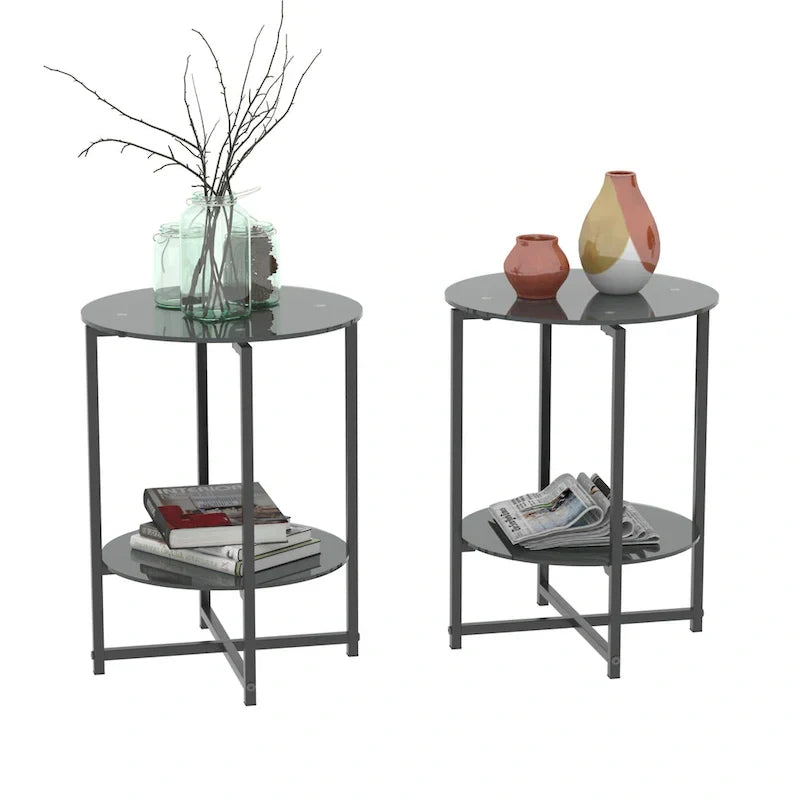 Black 2-Piece Tempered Glass End Table Set - Round Coffee Table for Bedroom, Living Room, and Office - image 5