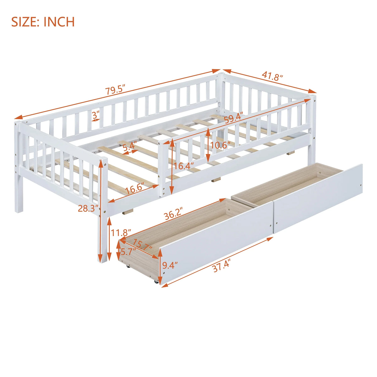 Holaki Twin Size Wood Bed with Guardrails and 2 Storage Drawers for Kids, Gray - image 28