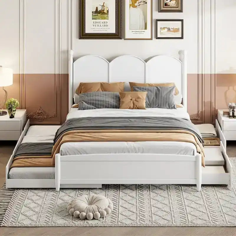 Queen Size Platform Bed with Vintage Headboard - Multifunctional Storage Frame Featuring Twin XL Trundle & 2 Drawers - image 3
