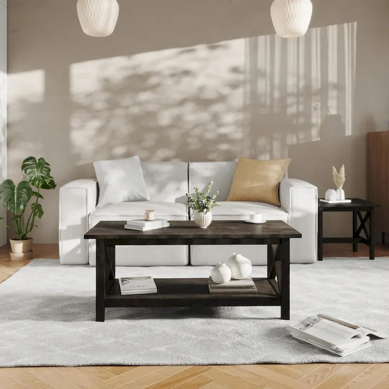 Farmhouse Coffee Table with Shelf and X-Frame Design - image 1