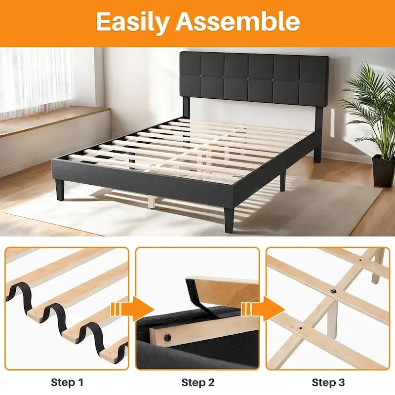 Modern Platform Bed Frame with Adjustable Headboard - Sturdy Geometric Upholstered Design with 800LBS Capacity and Solid Wooden Slats - image 4