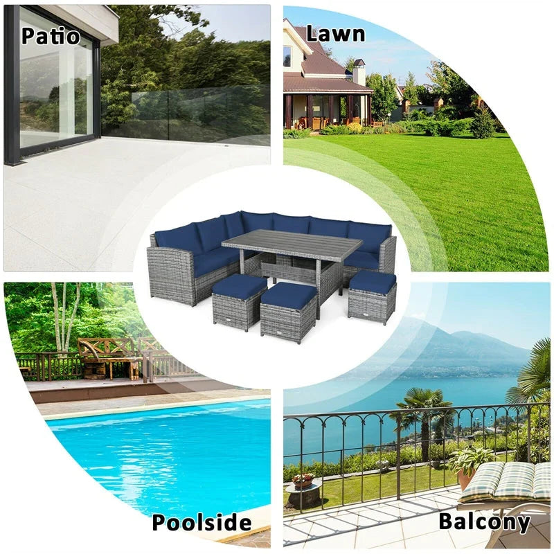 7 Pcs Rattan Patio Dining Furniture Sectional Sofa Set with Dining Table, Ottomans & Cushions - image 34