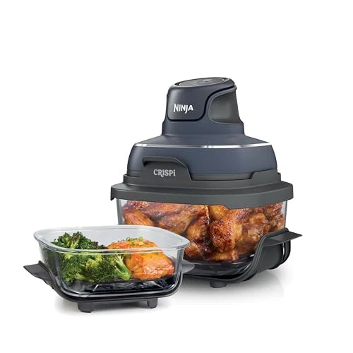 4 in 1 Portable Glass Air Fryer Cooking System, 4QT & 6 Cup Glass Containers with Storage Lids, Easy Meals, Microwave, Freezer & Dishwasher Safe, Air Fry, Bake & More, Cyberspace, FN101GY - image 1