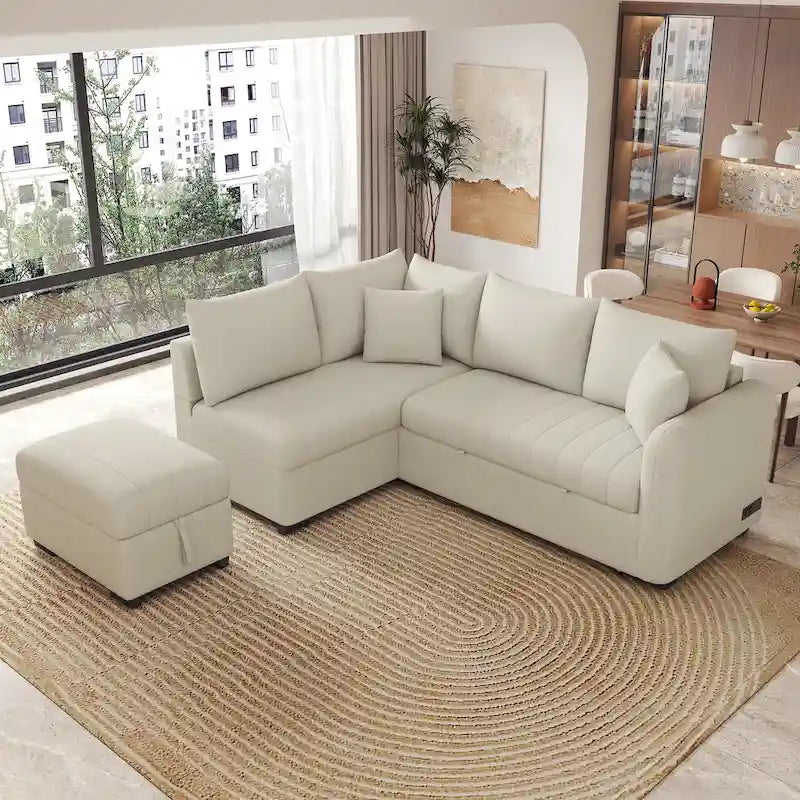 82.6" L-Shaped Sectional Sofa Bed with Pull-Out Feature, USB Ports, Power Sockets, and Movable Storage Ottoman - Bei - image 12