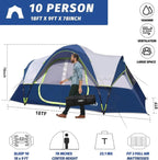 UNP Camping Tent 10-Person-Family Tents, Parties, Music Festival Tent, Big, Easy Up, 5 Large Mesh Windows, Double Layer, 2 Room, Waterproof, Weather Resistant, 18ft x 9ft x78in - image 9
