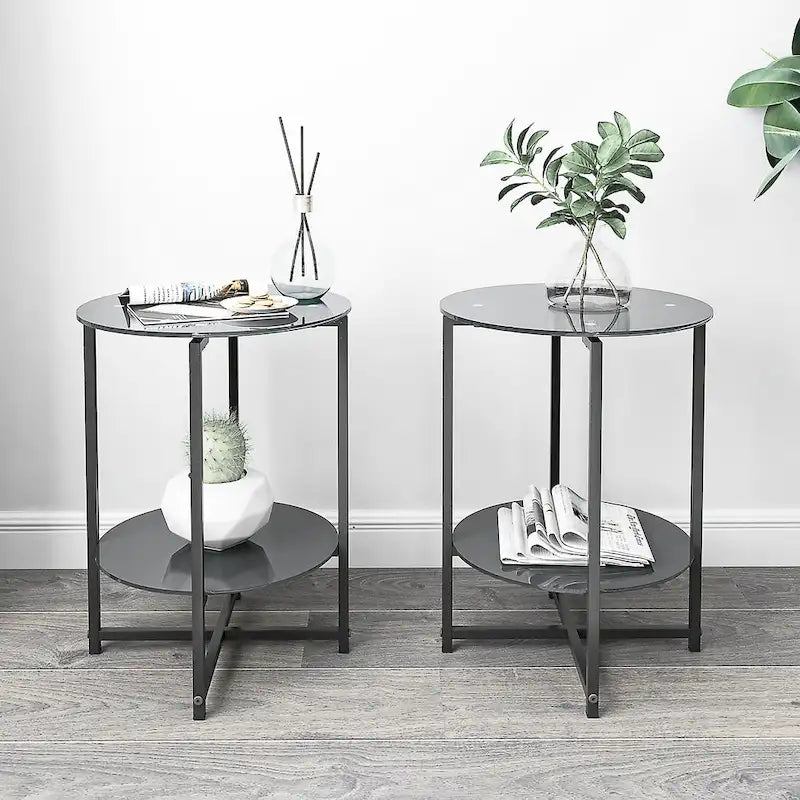Black 2-Piece Tempered Glass End Table Set - Round Coffee Table for Bedroom, Living Room, and Office - image 1