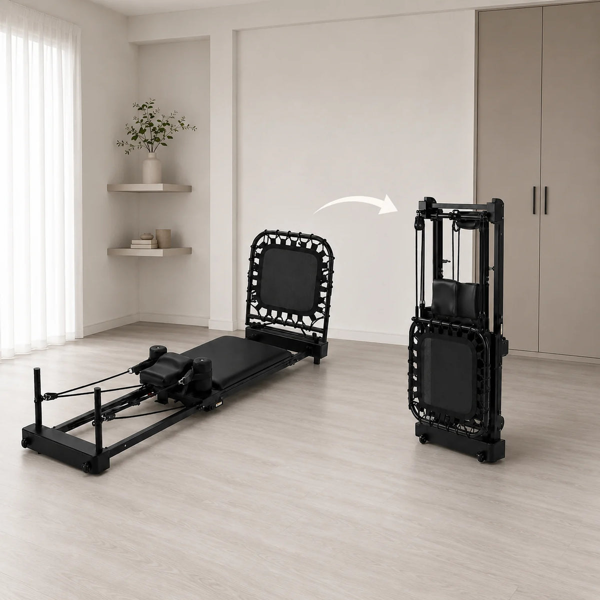 Folding Pilates Reformer Exercise Machine Black Steel Home Workout Equipment 86 x 21 x 26 in - image 4