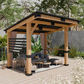 10x12FT Heavy Duty Premium Outdoor All-Season Wooden Cedar Hardtop Gazebo With Metal Roof & Back Curtains (SAK57184) - image 1