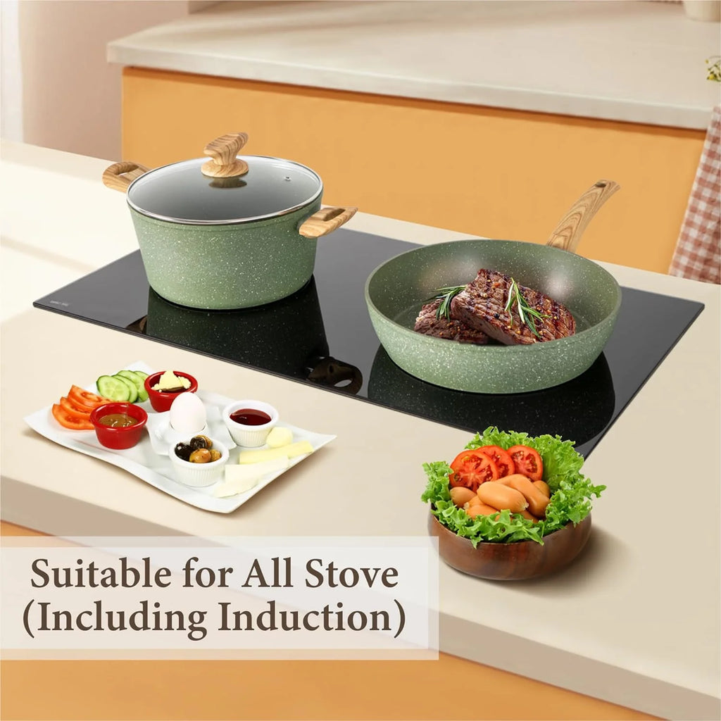 Kitchen Academy Induction Cookware Sets - 12 Piece Green Cooking Pan Set, Granite Nonstick Pots and Pans Set - image 18