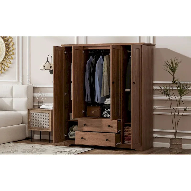 Freestanding 4-Door Wardrobe Armoire with 2 Drawers and Hanging Rods for Clothes Storage - image 26