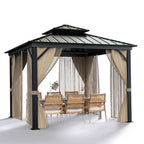 10x10 Hardtop Gazebo with double metal roof, aluminum frame, net, and curtain. All-weather, ideal for patio, deck, garden, backyard. Khaki. - image 8