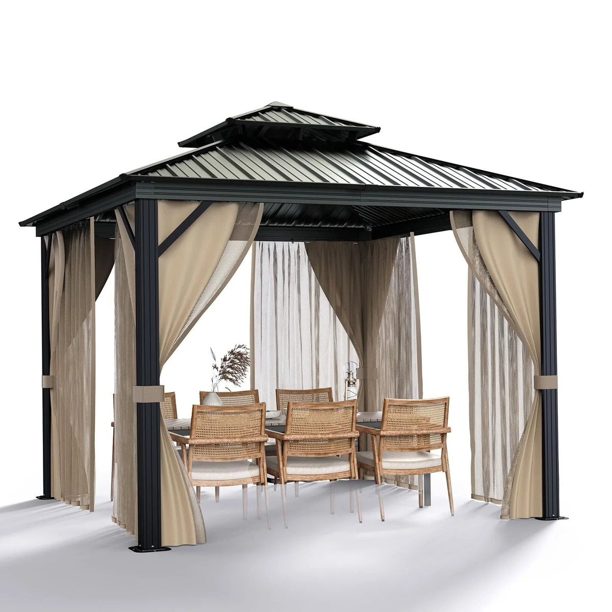 10x10 Hardtop Gazebo with double metal roof, aluminum frame, net, and curtain. All-weather, ideal for patio, deck, garden, backyard. Khaki. - image 8