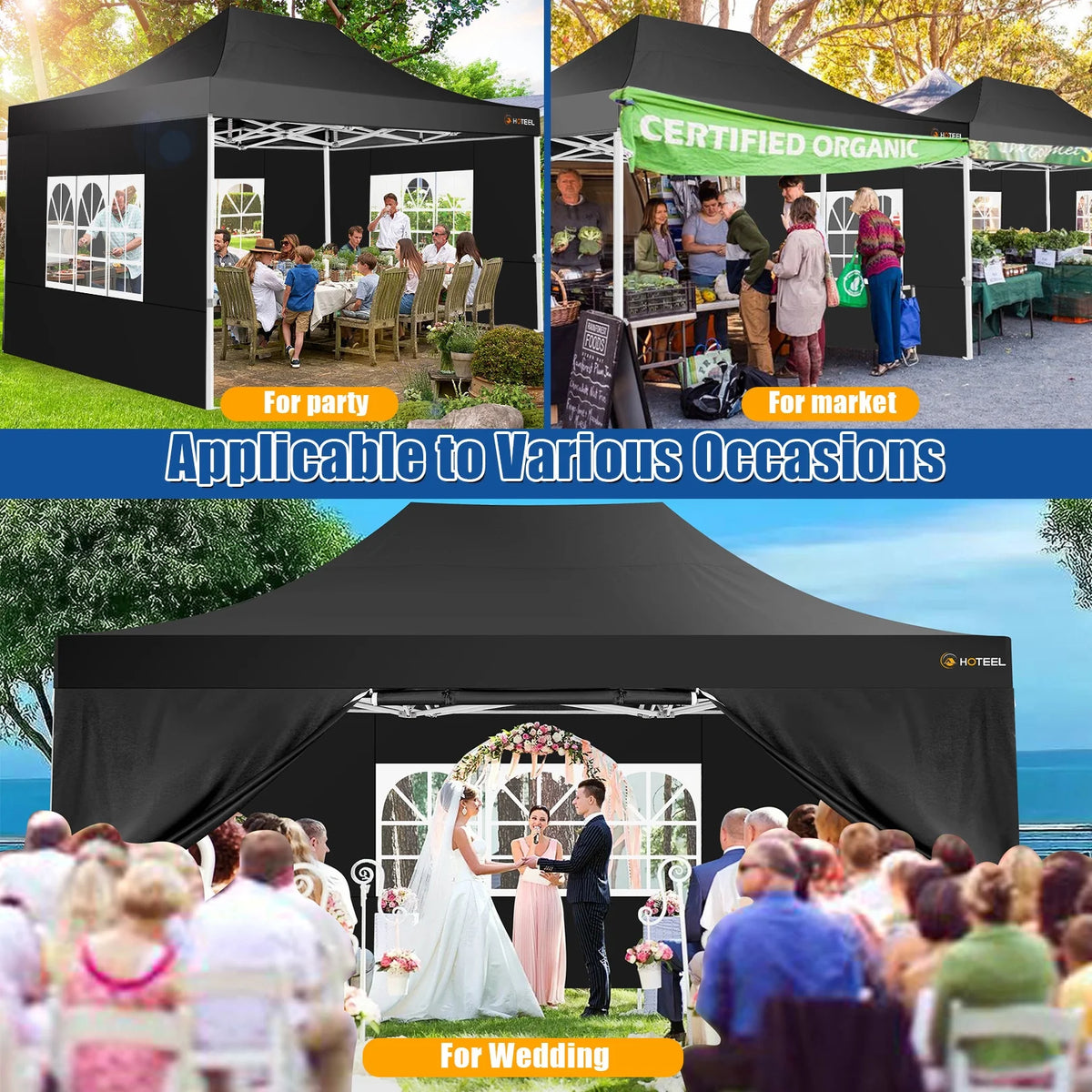 HOTEEL 10x15 Heavy Duty Canopy Tent - Commercial Pop Up with UV50+, Thick Hexagonal Frame, 4 Sidewalls, Anti-Pooling Design & Roller Bag (Black) - image 5