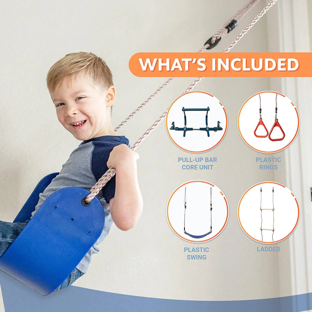 6 Piece Indoor Doorway Gym Set for Kids – Indoor Swing for Kids Includes Kids Swing Chair, Rings, Hanging Trapeze, Ladder, Swinging Rope & Pullup Bar - image 3