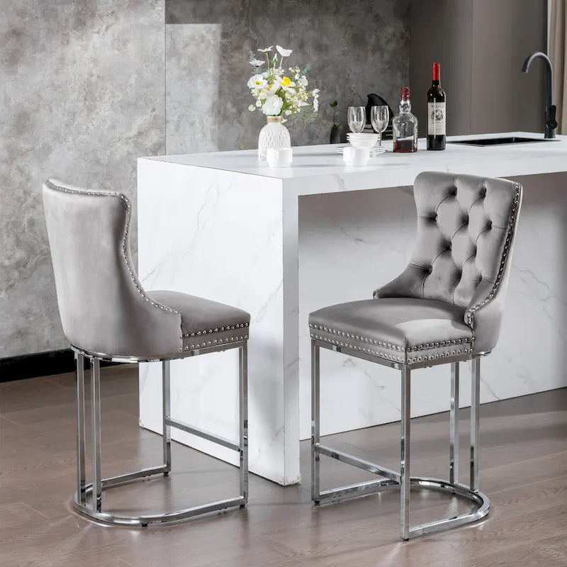 Contemporary Set of 2 Bar Stools with Button-Tufted Back and Studded Trim, Chrome Metal Base - Ideal for Dining Room, Living Room, and Bedroom - image 38