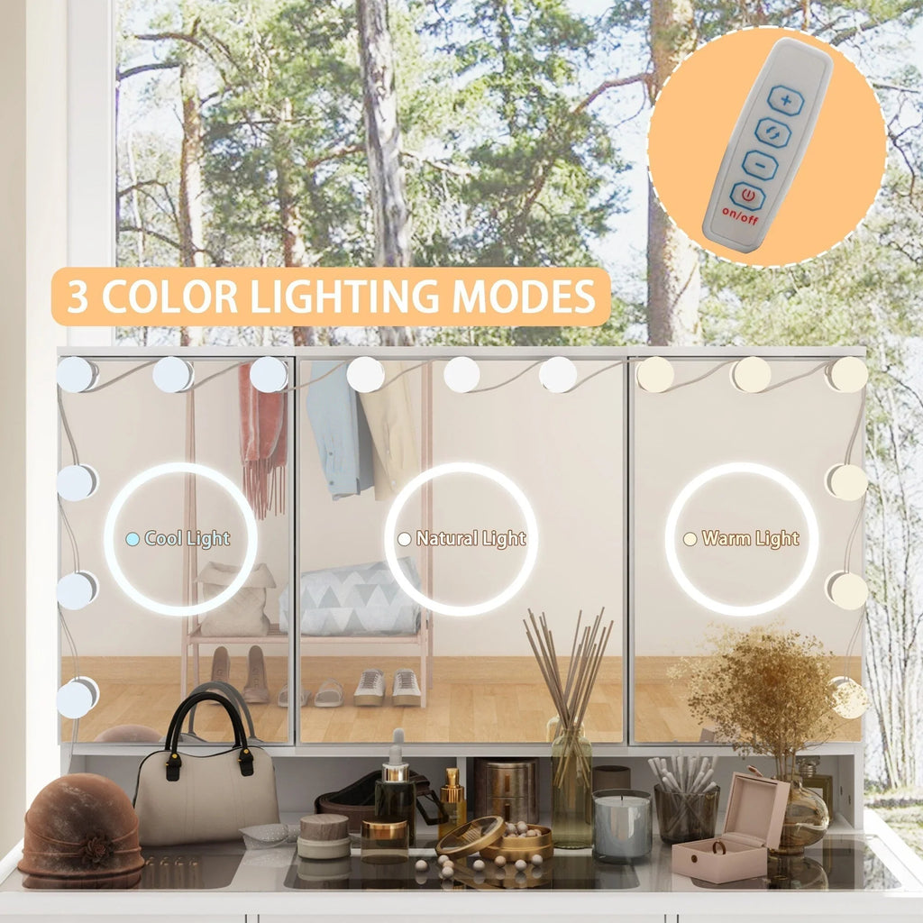 Makeup Vanity w/Tri-Fold Mirror Certified Lighting Glass Top Dresser - image 12