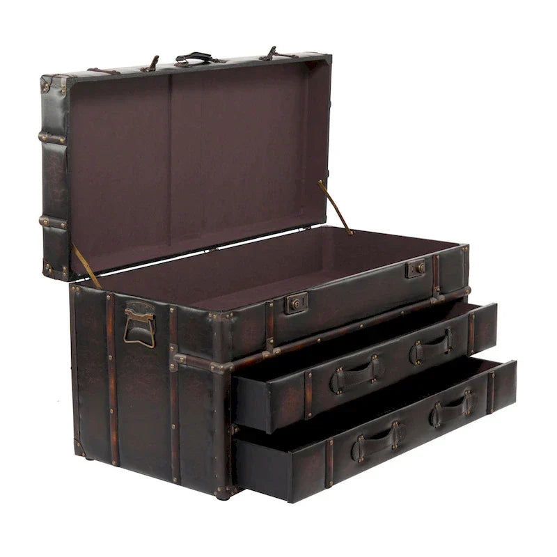 Roche River Decor Faux Leather or Linen Fabric Coffee Table Trunk with 2 Drawers and Buckle Hinged Top - Available in Dark Blue or Brown - image 5