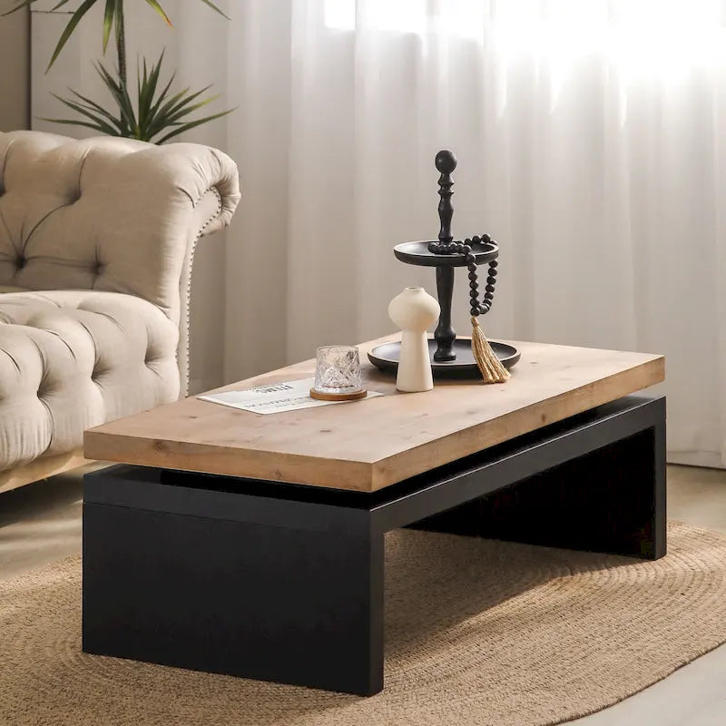Versatile 2-Tier Coffee Table in Black and Natural Wood for Living Room - image 3