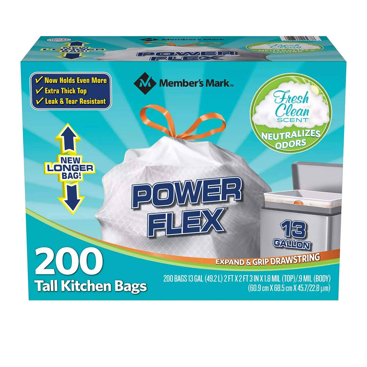 Members Mark 13 Gal Power Flex, Leak Protection, Tall Kitchen Simple Fit Drawstring Bags (1-Pack, Fresh Clean Scent) - image 1
