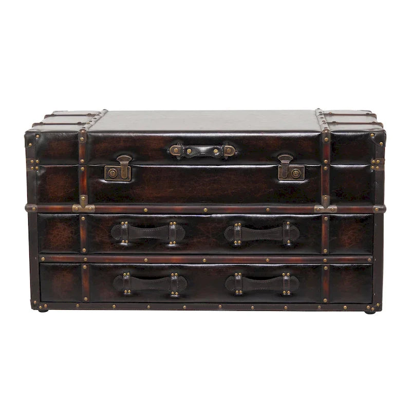 Roche River Decor Faux Leather or Linen Fabric Coffee Table Trunk with 2 Drawers and Buckle Hinged Top - Available in Dark Blue or Brown - image 1