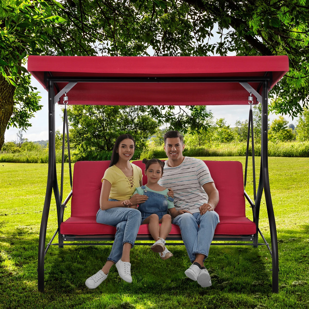 Pirecart 3 Person Patio Porch Swing Outdoor Converting Swing Glider Hammock with Adjustable Canopy, Cushions, Red - image 7