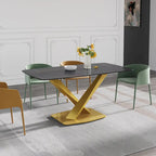 63-Inch Contemporary Dining Table with Slate Stone Surface and Metal Legs, Marble Finish - image 9