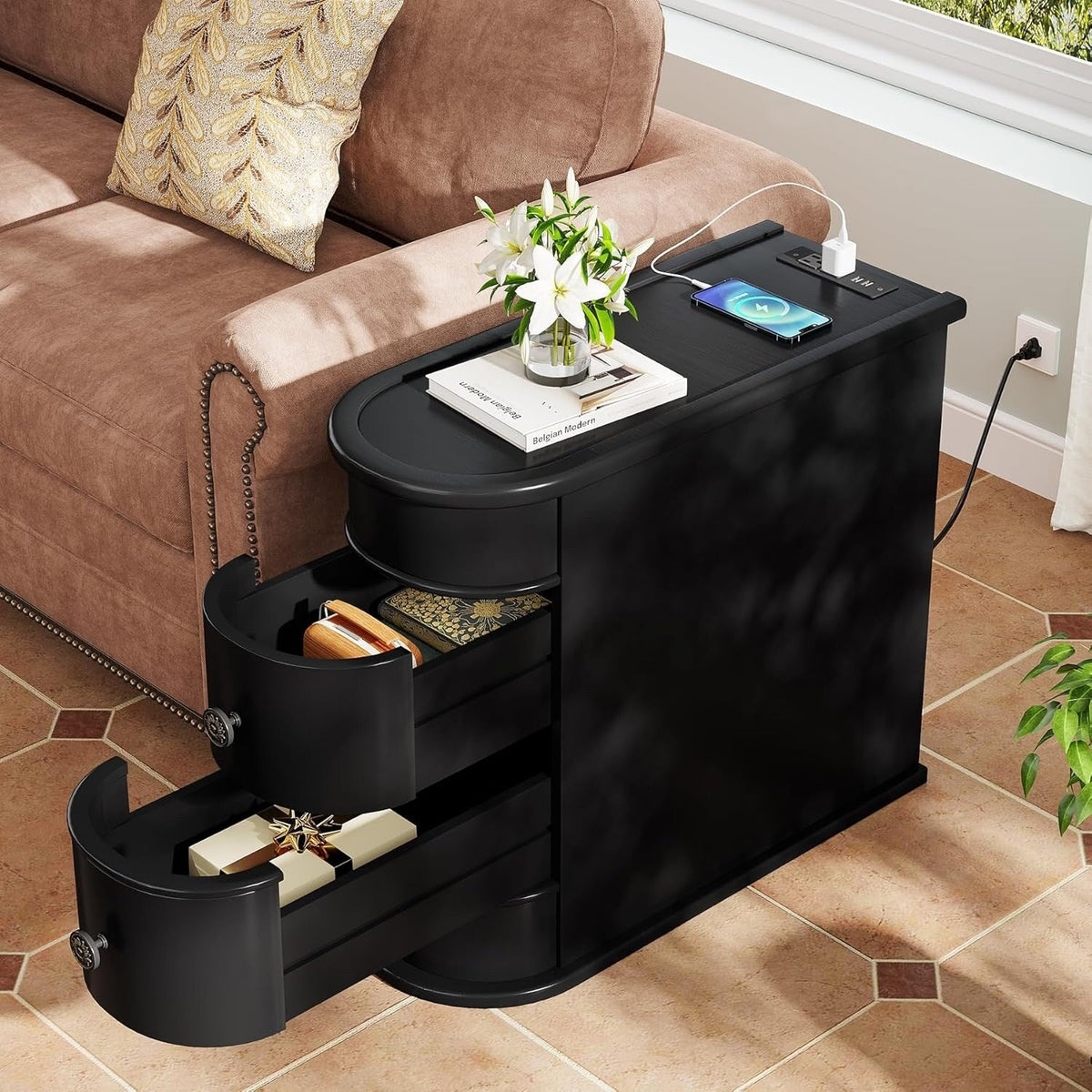 Solid Wood Chairside End Table, Two-Drawer Narrow Side Table Slim - image 25