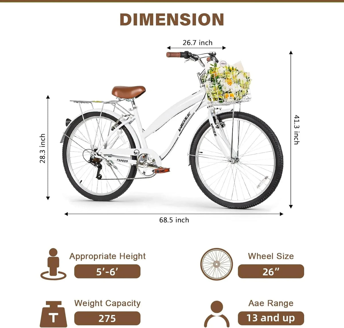 WEIZE Beach Cruiser Bike, 26 inch Commuter Bicycle for Adult Men and Women, 7-Speed/High-Carbon Steel/Front & Rear Fenders, Comfortable City Bikes with Rear Rack or Basket, Ergonomic Upright Design - image 9