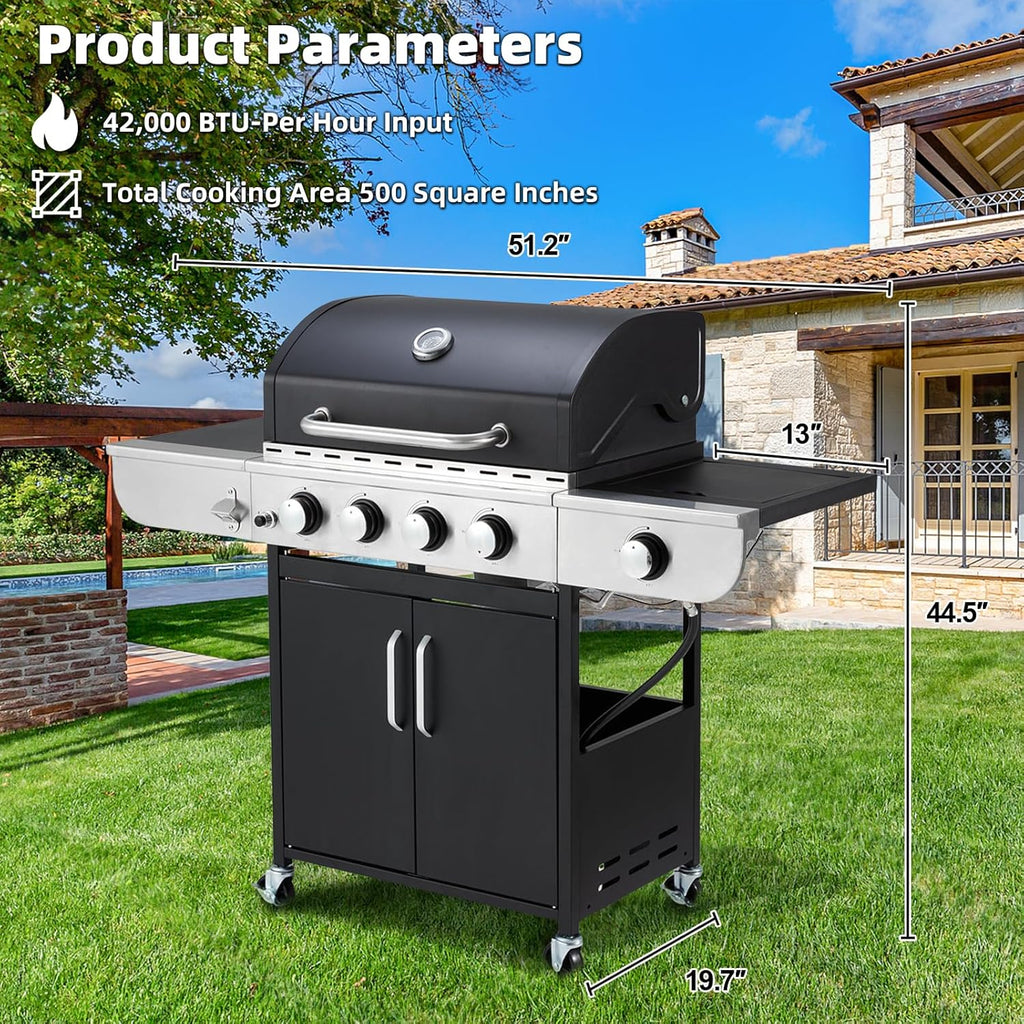 Upgraded 4 Burner BBQ Propane Gas Grill with Cast Iron Grates & Side Stove, 44,000 BTU Stainless Steel Burner Barbecue Grill for Patio, Camping, Outdoor Cooking. - image 16