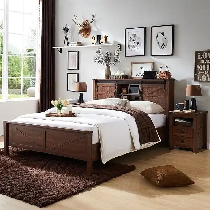 Farmhouse Platform Bed with Storage Headboard Sliding Doors and Charging Station - image 4
