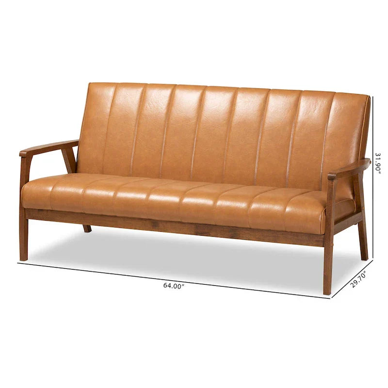 Nikko Tan Faux Leather Sofa with Walnut-Finished Wood Accents - image 11