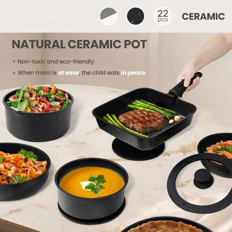Non-Toxic Nonstick Ceramic 22 pcs pots and pans set complete Cookware Set with Lids,Detachable Handle,PFAS-Free,Dishwasher Oven Safe,Kitchen Outdoorfun Induction Compatible - image 7
