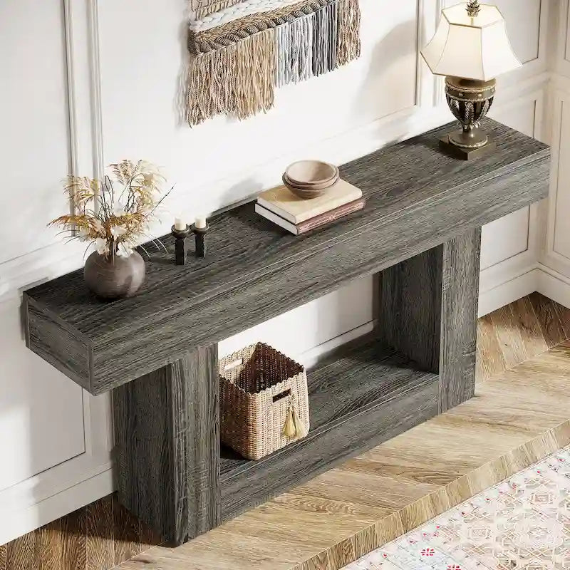 63-Inch Brown and Gray Slim Wooden Console Table for Entryway - image 29