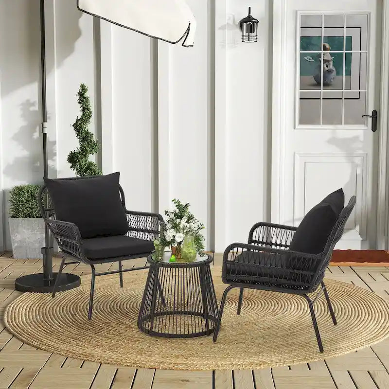 3-Piece Patio Conversation Bistro Set, Outdoor Rattan Furniture Set with Glass Table & 2 Wide Armchairs, Seat Cushions - image 6