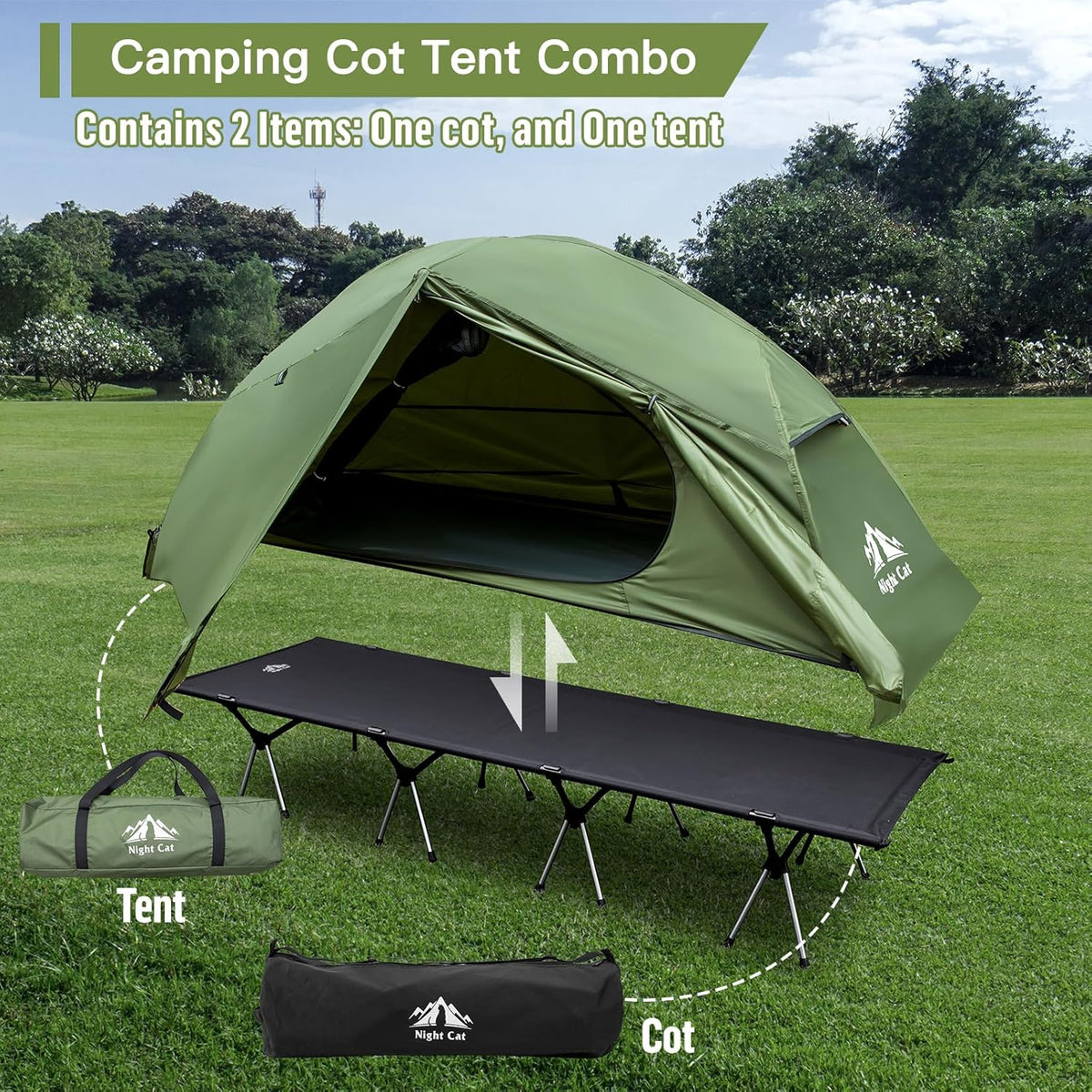 Night Cat Camping Cot Tent - Waterproof 1-Person Off-Ground Combo Cot Bed for Adults Portable Easy Set-up Tent - image 2